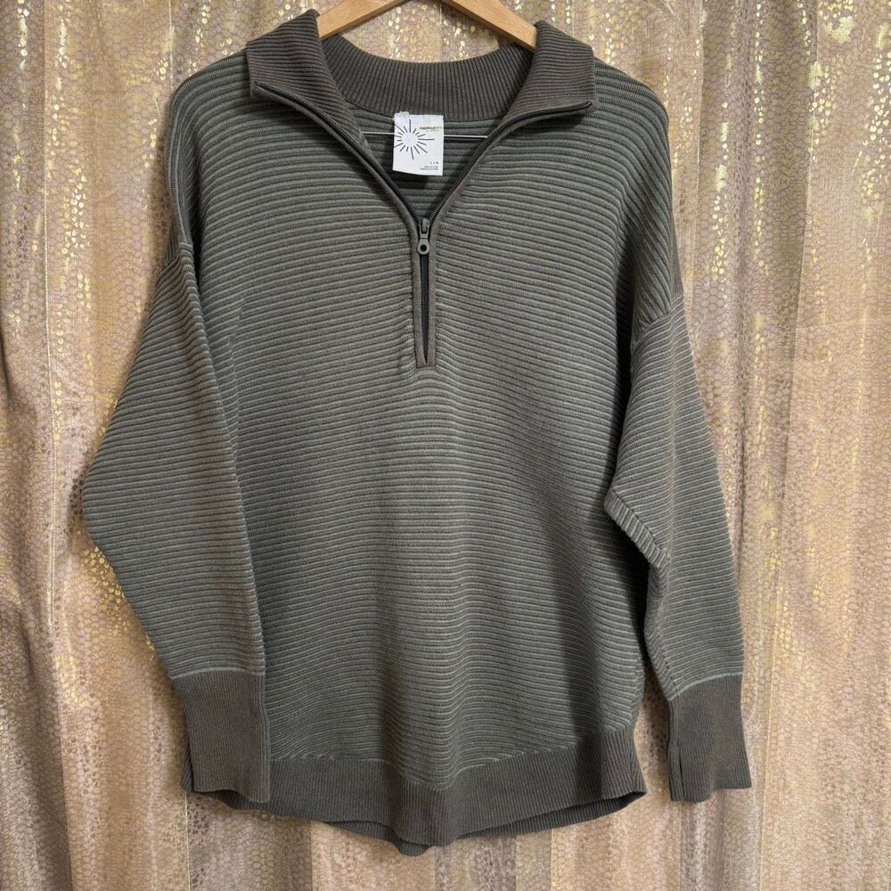 Aerie OFFLINE Ribbed Brown Green Fall 1/4 Zip Sweater Large